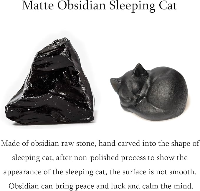 Obsidian Cat Collectible Figurines 1PC, 1.5" Gemstone Sleeping Cat Statues, Black Obsidian Cat, Hand Carved Healing Crystal Obsidian Black Kitty Animals Statues for Desk Decor
