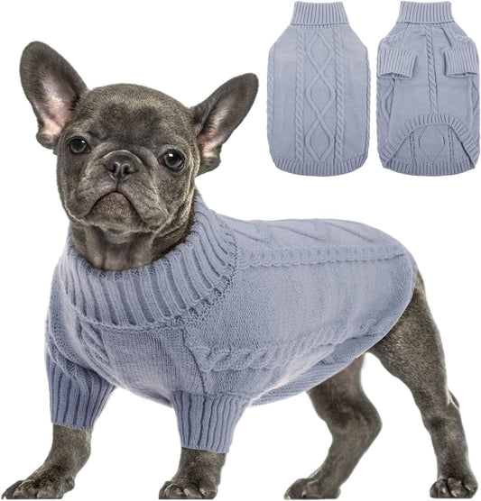 Queenmore Small Dog Pullover Sweater, Cold Weather Cable Knitwear, Classic Turtleneck Thick Warm Clothes for Chihuahua, Bulldog, Dachshund, Pug, Yorkie (Grey, X-Large)