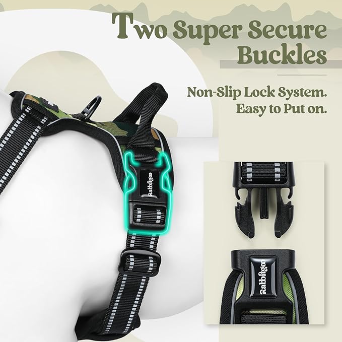 rabbitgoo Dog Harness No Pull with 2 Leash Clips, Adjustable Soft Padded, Reflective Oxford No Choke Pet Vest with Easy Control Handle for Large Dogs, Green Mountain, XL