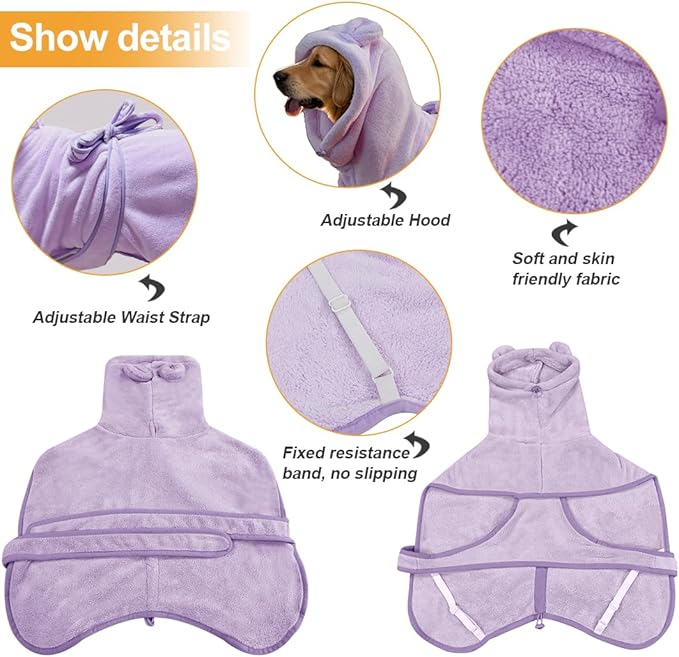Medium to Large Size Dog Bathrobe, Quick Drying Super Absorbent Used for After Bathing, Warm Dog Towels, Adjustable Hoodies and Belts for Pet Dogs Bath Clothes Products(Purple, 4XL)