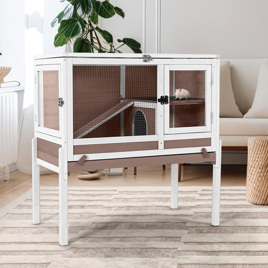 Guinea Pig Cage with Wooden Stand,Indoor Rabbit Hutch with 2 Stories,Hamster Cage with Anti Chew Ramp,Hideout, Platform, Pull Out Tray (Brown)