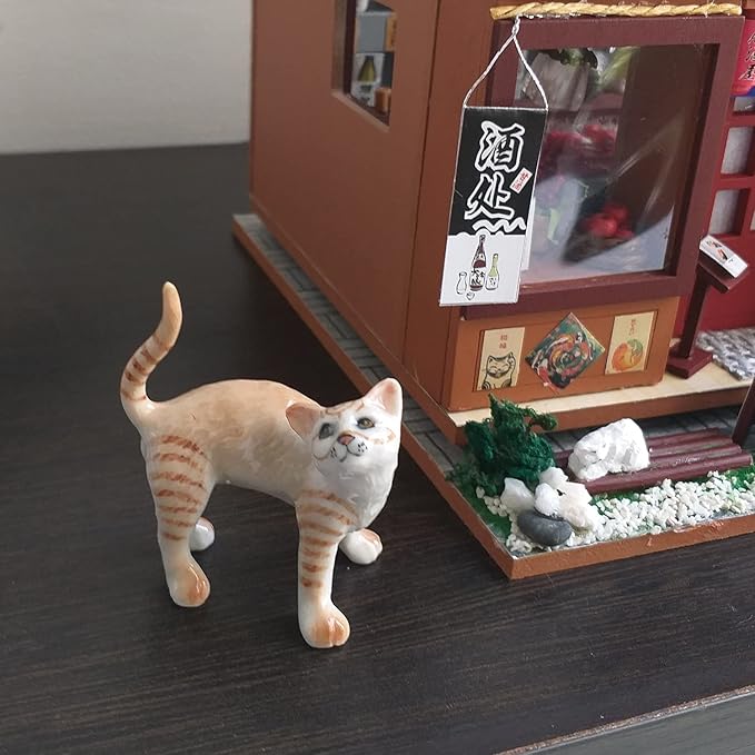 Cat Porcelain Figurine Ceramic Stretching Kitten Small Pet Kitty Collectible Miniature Dollhouse Hand Painted Animal Interested Feeling Gift Decor Calico Brown Tabby, 2.5 x 1 x 2 in (W-L-H)