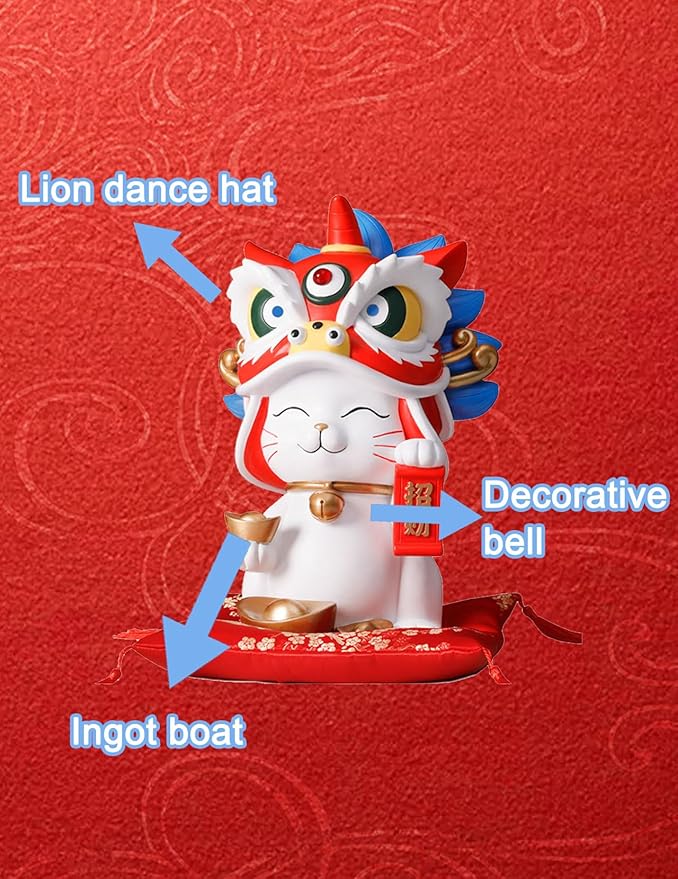 Lucky Cat Waving Arm Resin Statue, 11x7.1x6.3in Maneki Neko Fortune Cat Coin Bank Chinese Lion Dance Figurine for Store Opening Home Office Desk Decor White Waving Cat Ornament