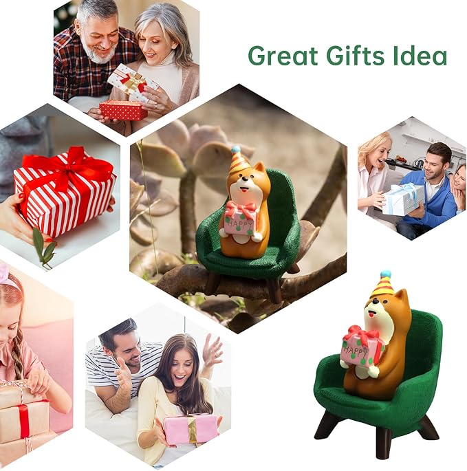 Cute Mini Puppy Holding a Gift Figurine - Resin Dog for Office, Home Decoration for Dog Lovers - Green Sofa