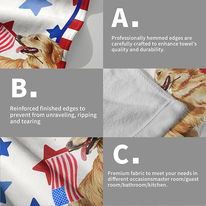 Giwawa Patriotic Dog Wood Hand Towels Set of 2 American Flag Kitchen Dish Towel 4th of July Absorbent Bath Face Towels for Home Hotel Bathroom