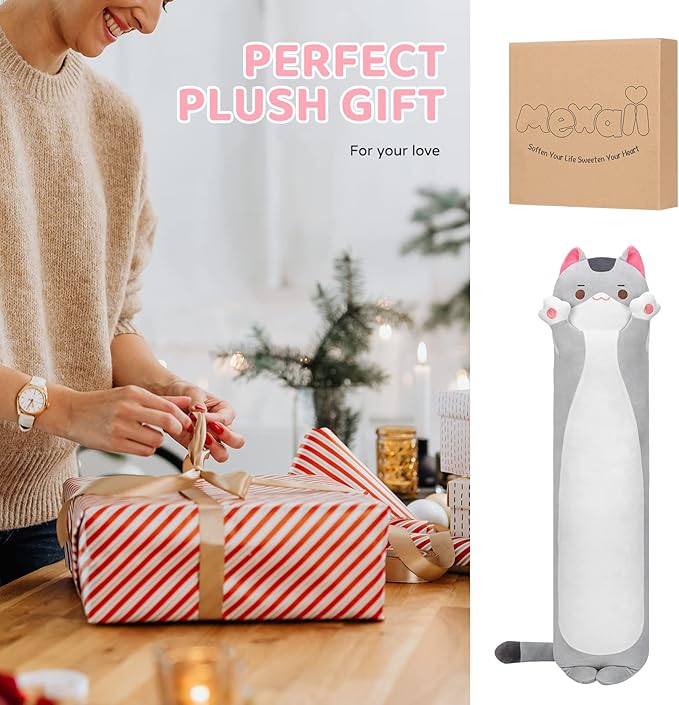 Long Cat Plush Kids Body Pillow, 20 Inch Cute Gray Cat Stuffed Animals Soft Plushies, Kitten Kawaii Plush Throw Pillow Doll Toy Gift for Girlfriend