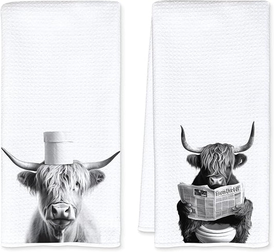 Funny Toilet Newspaper Western Cow Bathroom Hand Towels, Cow Lovers Gifts, Farmhouse Animal Hand Towels for Bathroom Washroom Restroom Decor, 16x24 Inch Set of 2