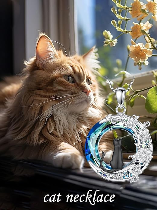 TOUPOP Cat Gifts for Women Sterling Silver Cat Necklaces with Circle Crystal Cat Lovers Jewelry Gifts for Women Girls Birthday Christmas
