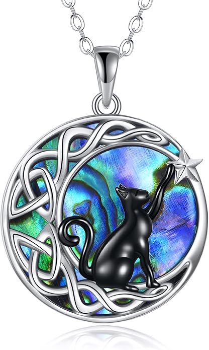 Celtic Moon Black Cat Necklace for Women - Abalone Tree of Life Sterling Silver Cat Lovers Jewelry