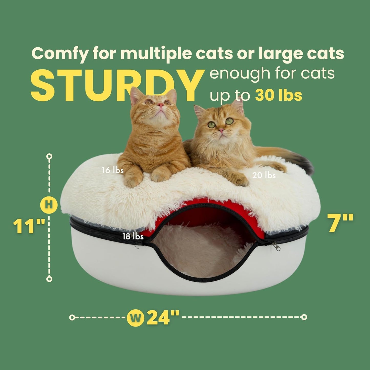 CATTASAURUS Peekaboo Cat Cave for Multiple & Large Cats Up to 30-45 Lbs, Fluffy Cat Beds & Furniture, Scratch Detachable & Washable Tunnel Bed, Comfy Donut Bed (Ruby Snowball, Large (Calming))
