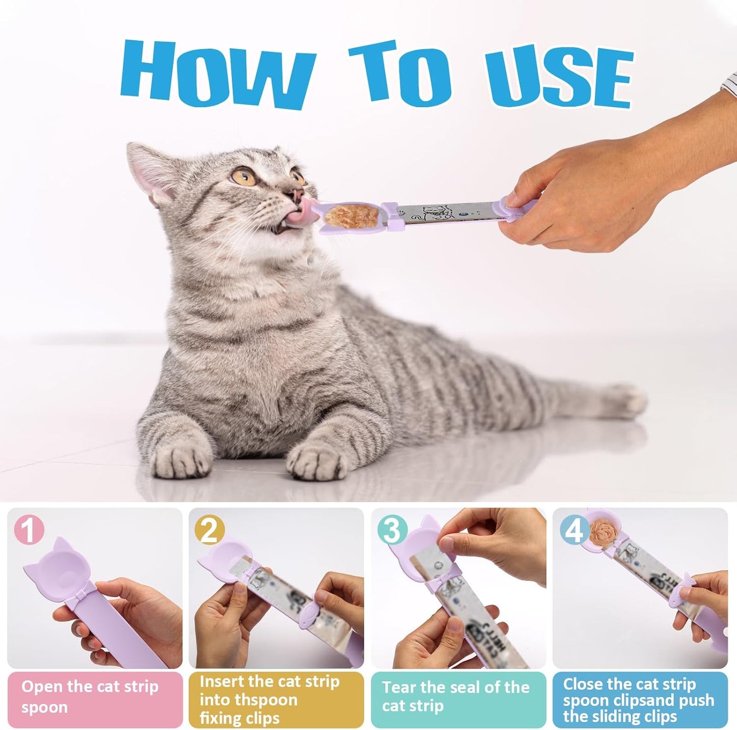 Cat Treat Dispenser Cat Treat Spoon Squeeze 8PCS Lickable Cat Holder with Cat Strip Feeder Spoon and Temptations Licky Treats Happy Cat Tube and Squeeze Up Cat Food Spoons for Wet Food (Cat Tail)