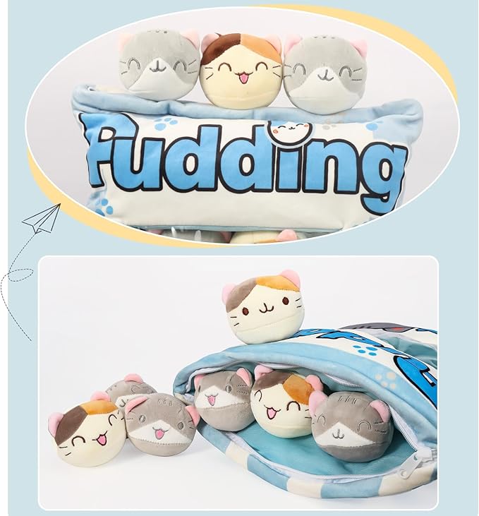 Cat Plush Pillow, Cute Plushies with Kitten Doll, Bag of Removable Kitten Stuffed Animals, Kawaii Plushies Cat Toy for Kids, Gift for Girls Boys Birthday (8 Blue Kitten)