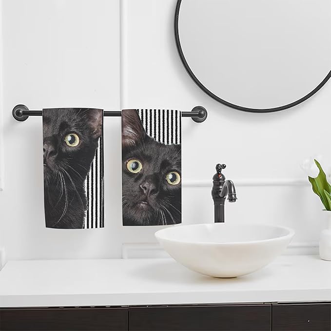 Cute Black Cat Hand Towel for Bathroom Set of 2,Cat on Black White Stripes Bathroom Hand Towel,Soft Absorbent Decorative for Hotel Gym Yoga Home Decor