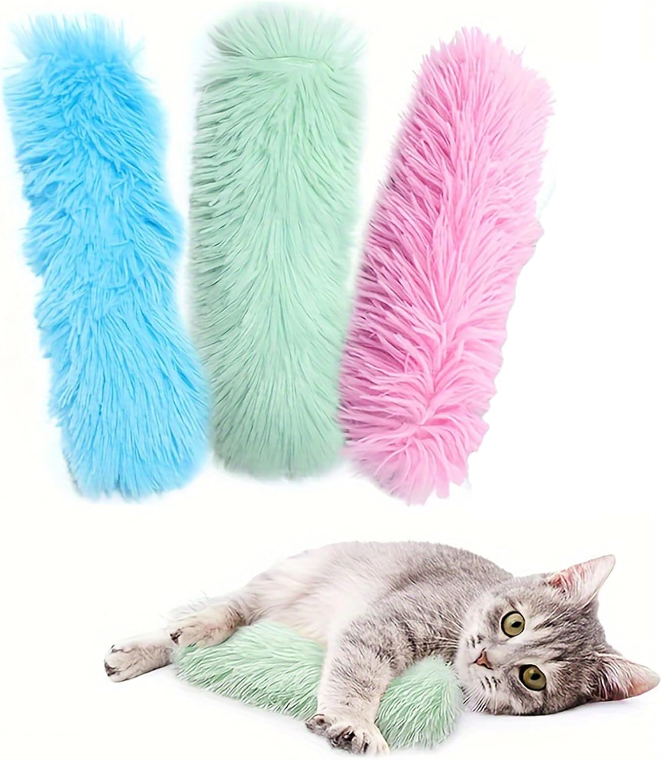 Catnip Toys with 3Pcs Cat Toys - Skin-Friendly Pillow Kicker Toy for Indoor Cats with Crinkle Paper, Catnip & Teething Soother (Pink/Green/Blue)