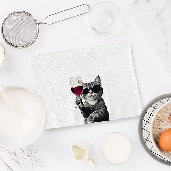 Flicy Funny Cat Kitchen Towels, Cat Bar Dish Towels, Gifts for CatWine Lovers Decorative Hand Towel Bar Towel for Kitchen Home Bar, CatKitchen Accessories, FunnyCat Wine Home Bars Decor(16x24lnch)