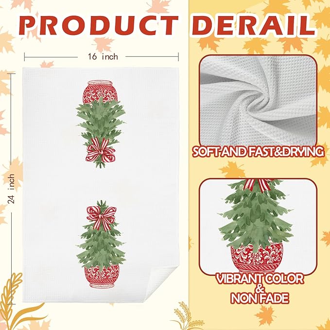 Chinoiserie Christmas Tree Kitchen Towels, Red Stripe Bow Decorative Hand Towels for Bathroom, Dish Towels for Kitchen and Bathroom Decor, 16x24 Inch