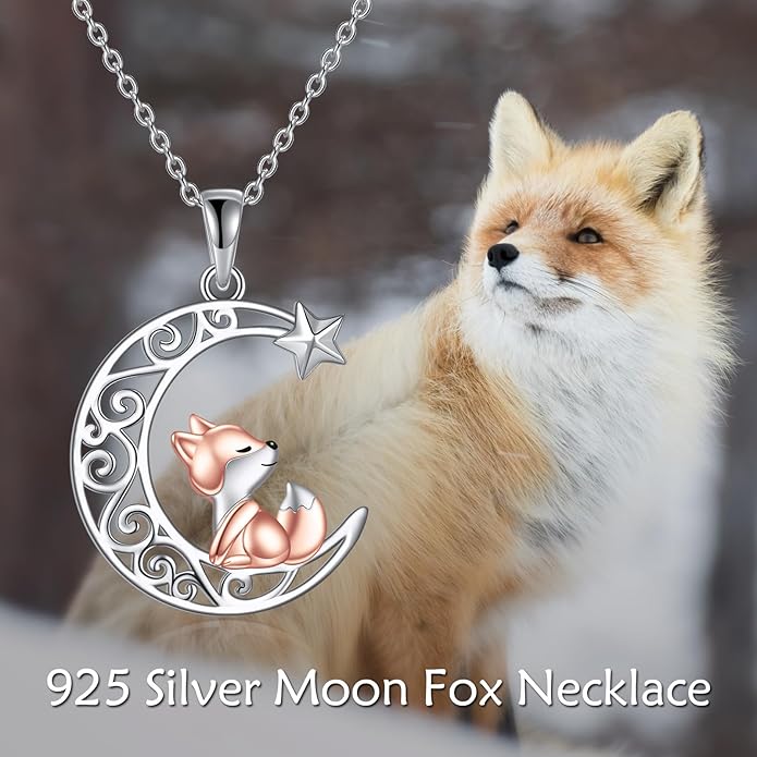 925 Sterling Silver Celtic Crescent Moon Animal Necklace for Women Fox/Black Cat/Hummingbird Crystal/Abalone Shell Pendant Jewelry Gift for Mom Daughter