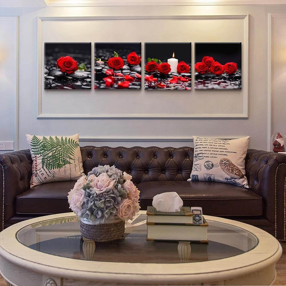 Yxbhhym-Zen Bathroom Wall Art Rose Picture Black and Red Wall Decor Flower Canvas Prints Meditation Poster Framed Wall Art for Living Room Bedroom Accessories Room Décor Spa Stone Decorations