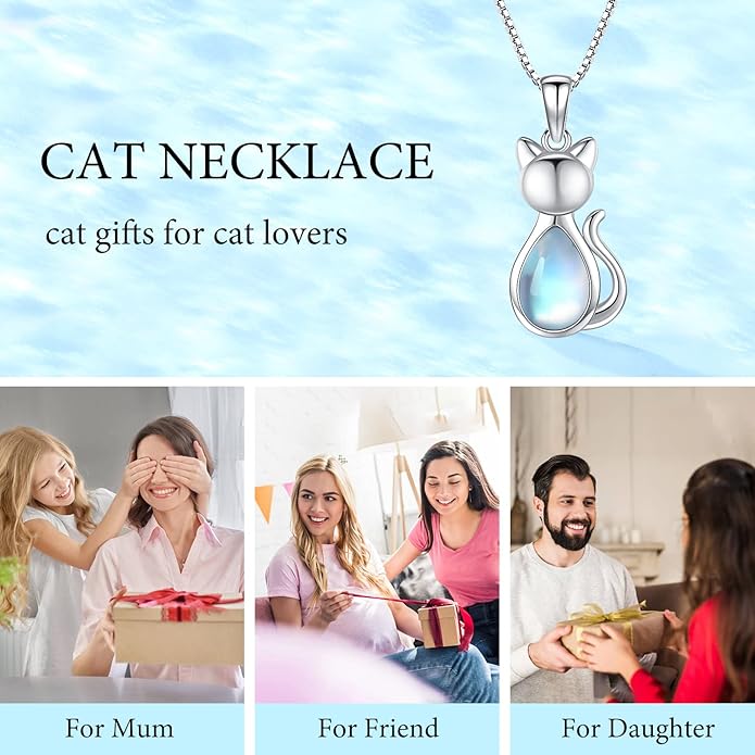 Odinstone Cat Birthstone Necklaces Jewelry Sterling Silver Cat Pendant Necklace Gift for Women Gifts, 18'' Silver Box Chain Women's Birthstone Crystal Cat Jewelry Gifts