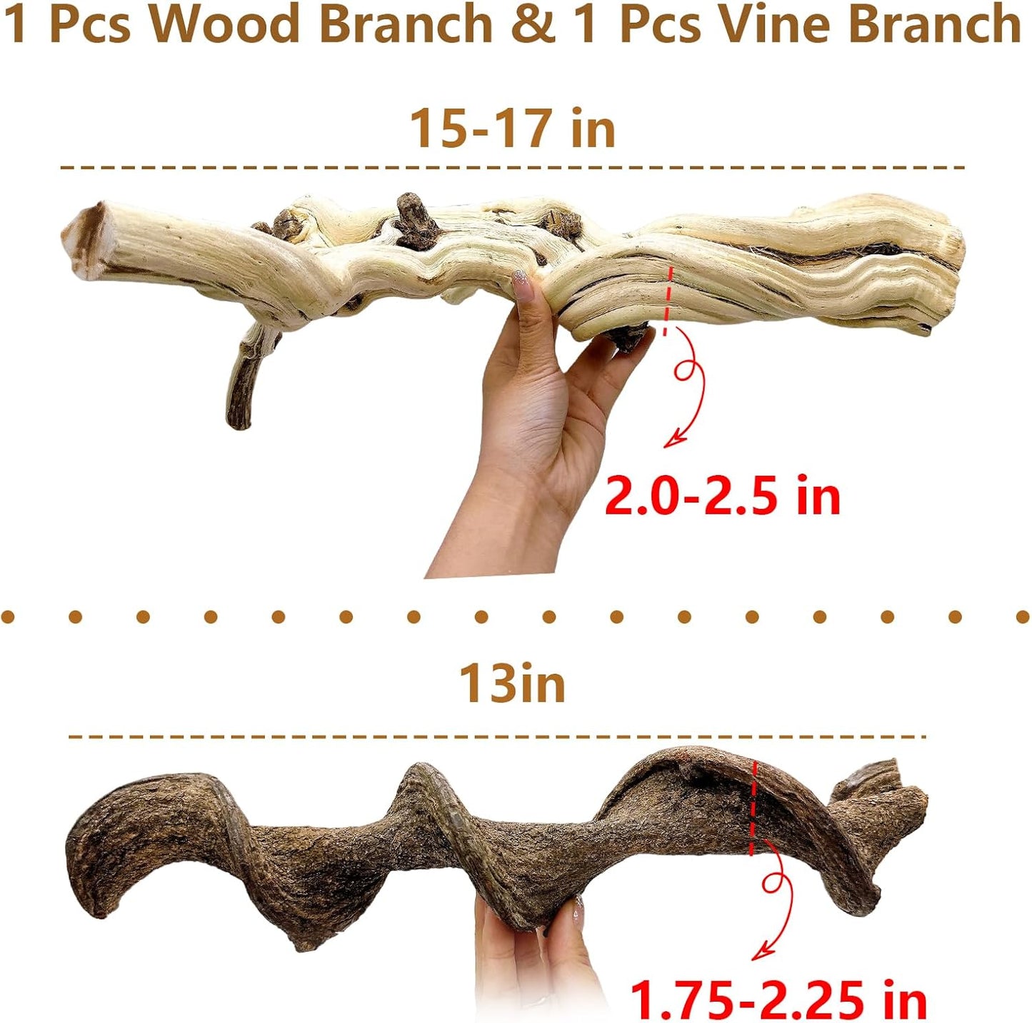 BNOSDM Reptile Branches, 15-17inch Snake Climbing Branch, Terrarium Wood Branch Decor, Bearded Dragon Tank Climbing Accessories for Lizard, Gecko, Chameleon, Frog, 2Pcs