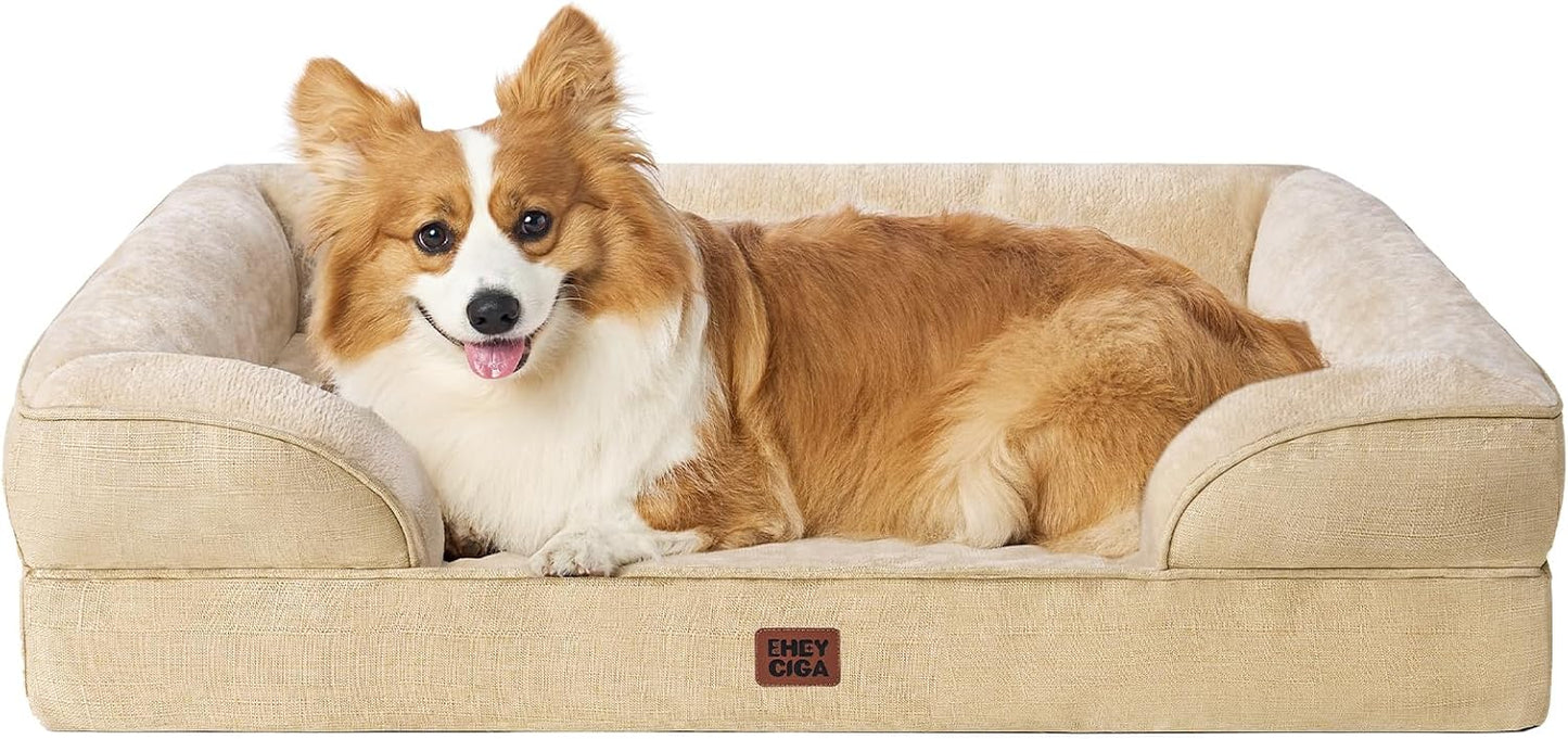 EHEYCIGA Orthopedic Dog Beds for Large Dogs, Waterproof Memory Foam Large Pet Bed with Sides, Non-Slip Bottom and Egg-Crate Foam Dog Couch Bed with Washable Removable Cover, Greige