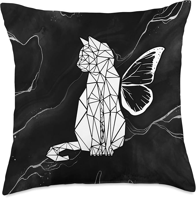 Cat figure, butterfly, black Throw Pillow