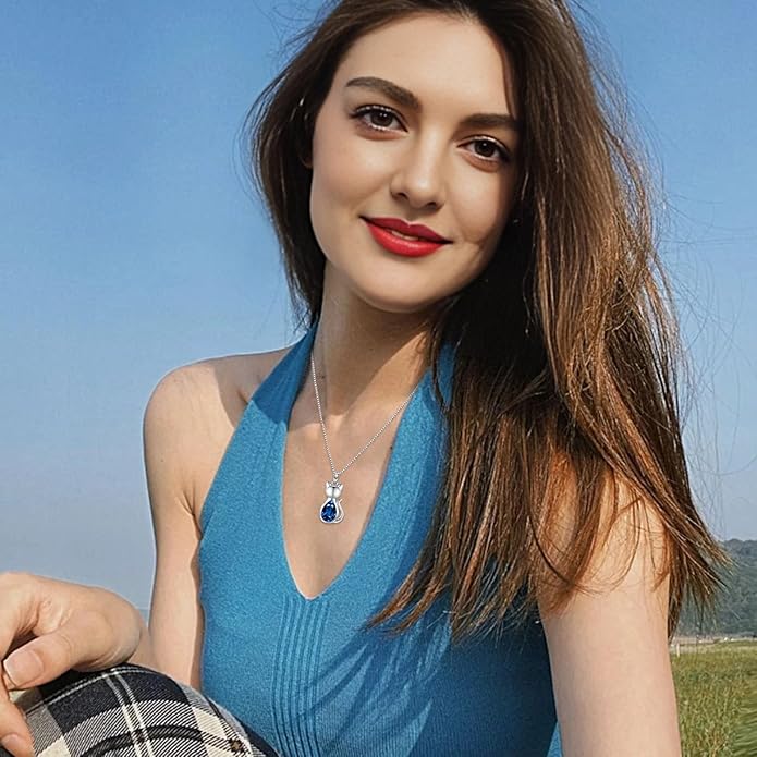 Odinstone Cat Birthstone Necklaces Jewelry Sterling Silver Cat Pendant Necklace Gift for Women Gifts, 18'' Silver Box Chain Women's Birthstone Crystal Cat Jewelry Gifts