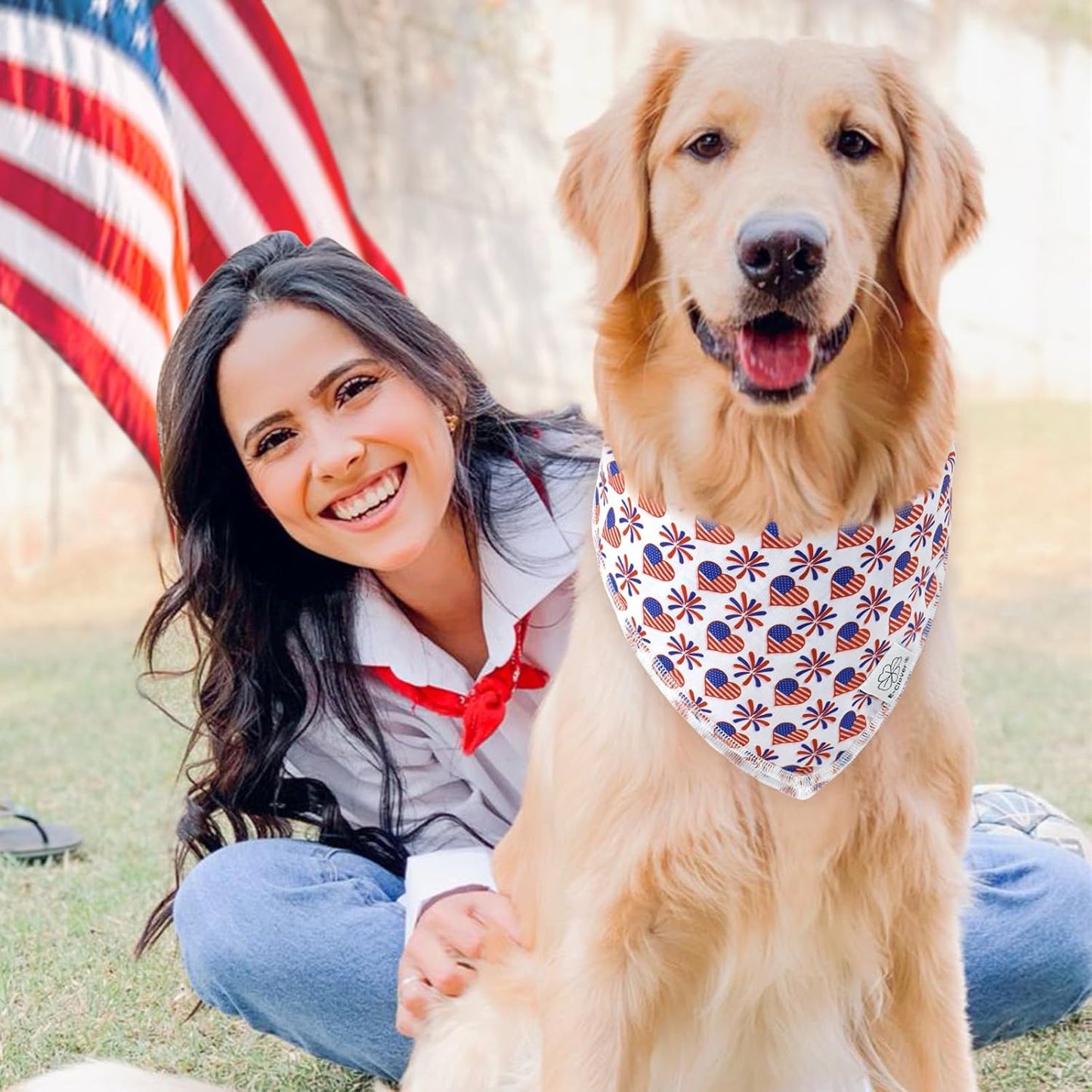 E-Clover 4th of July Dog Bandanas 2 Pack American Flag Pet Patriotic Scarf for Boy and Girl Cute Dog Costumes Accessories for Medium Large Dogs