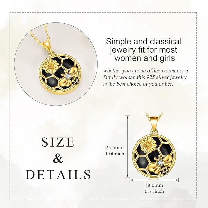 LUHE Bee Necklace 925 Sterling Silver Honeycomb Cute Flower Pendant Necklaces for Women Gifts for Her Women