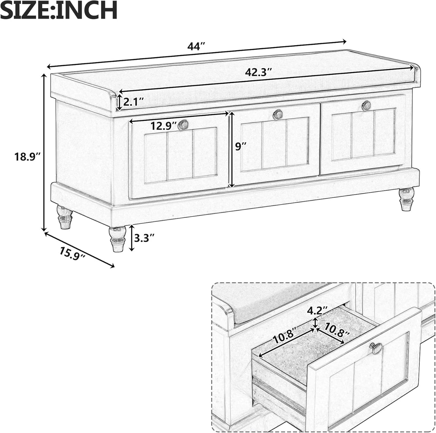 Classic Shoe Storage Bench with Cushion and Three Drawers, Fluted Entryway Bench with Storage for Entryway, Living Room, Hallways 44.0" L x 15.9" W x 18.9" H White