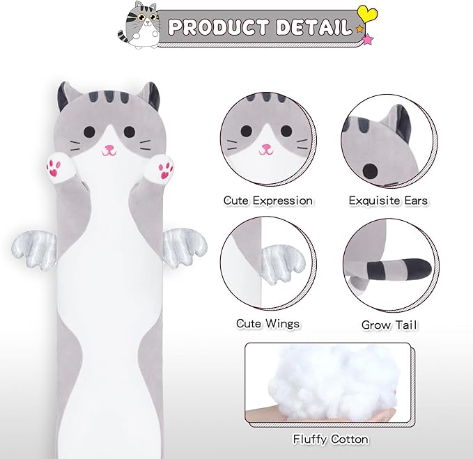 Long Cat Plush Body Pillow, Cute Cat Plush Toy Pillows with Wings, Stuffed Animals Kitten Soft Plushies Gifts for Kids Girls Girlfriend(Grey, 35.4in/90cm)