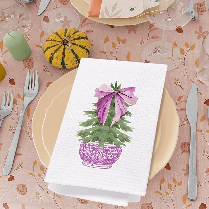 SPBL&L Christmas Kitchen Towels, Purple Porcelain Chinoiserie Christmas Tree Hand Towels, Purple Bow Christmas Dish Towels for Kitchen, Christmas Kitchen Bathroom Decor, 16x24 Inch