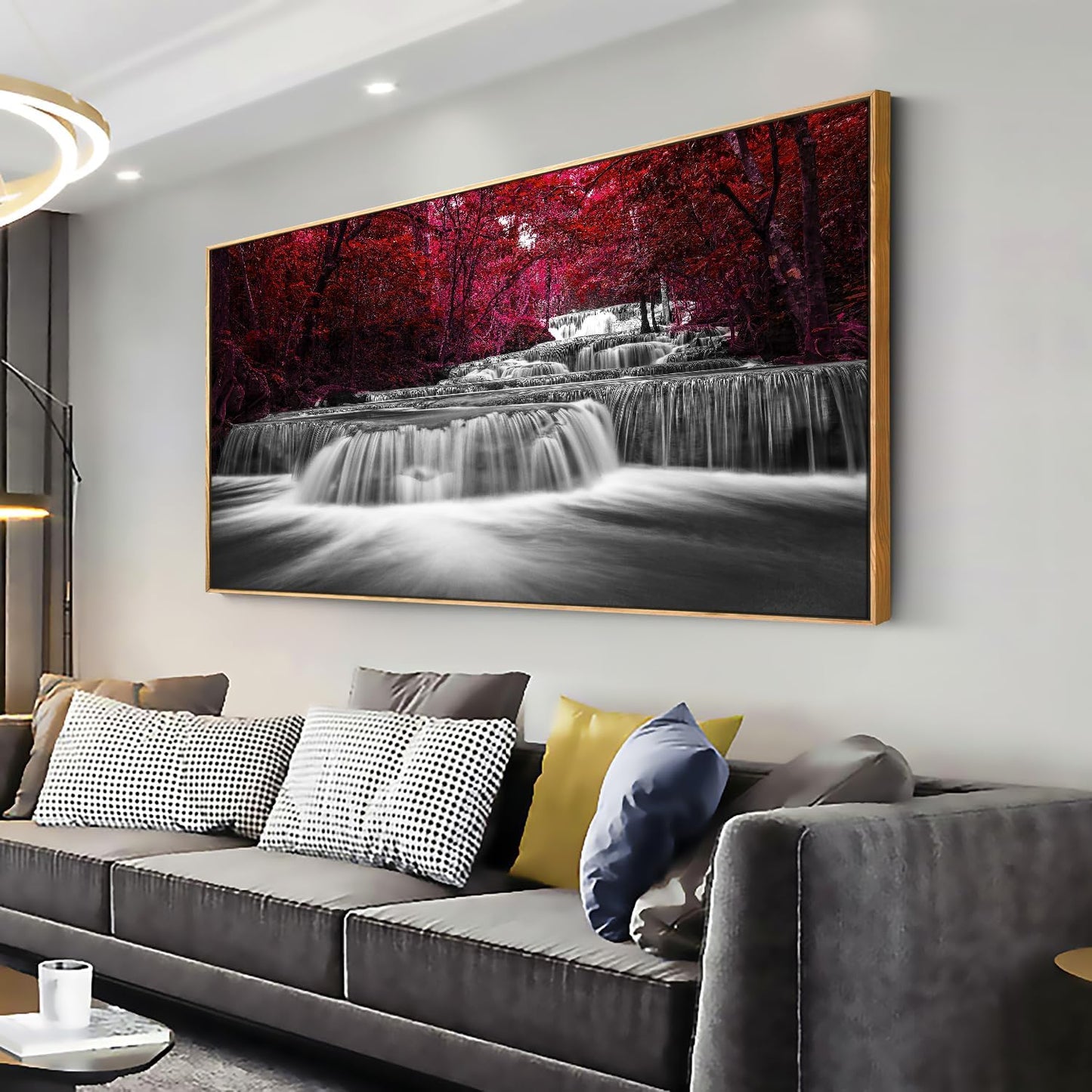 Lasdel Natural Extra Framed Canvas Wall Art of Wide Waterfall & Red Leaves Picture For Bedroom,Burgundy Nature Black White Artwork Decor,Beautiful Maple Leaves Landscape Print Painting,30x60