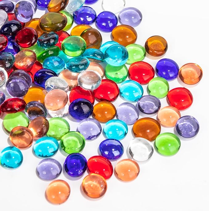Mini Flat Glass Marbles, 2 LB Mix Color Glass Beads~300PCS for Vases, Floral Bottom Mancala Gems Pebbles Fish Tank Rocks for Table Scatter Aquarium,Vase Fillers,Home Decorative Art Craft(0.5"~0.7")
