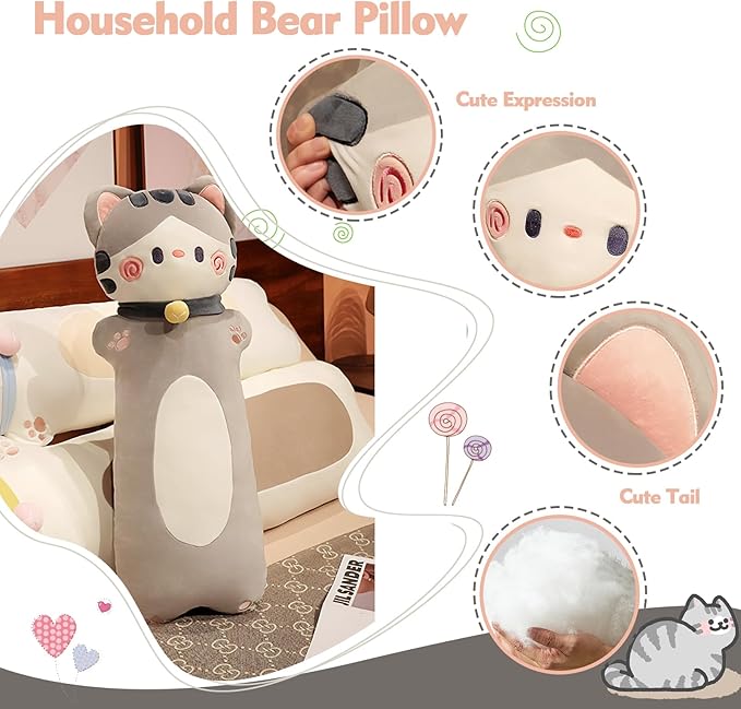 Long Cat Plush Pillow, 27.6inches Cute White Cat Plushie Stuffed Animals Body Pillow, Kawaii Kitten Soft Plushie Doll Toy Birthday Gift for Kids Boy Girlfriend
