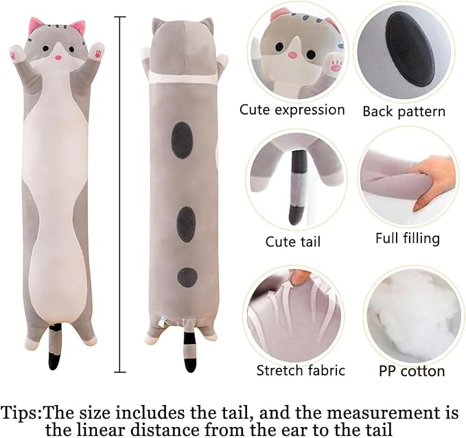 Long Cat Plush Pillow Soft Cat Hugging Pillow Stuffed Animal Pillow Cute Kitty Sleeping Throw Pillow Gift for Kids (90cm/35.43inch,Gray