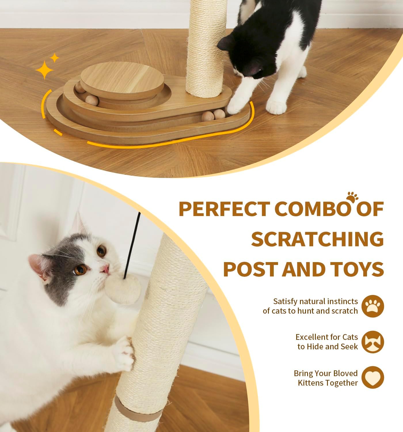 Made4Pets Cat Scratching Post Cat Scratcher Kitten Toys for Indoor Cats Wooden Ball Track Two-Layer Modern Sisal 23.4" Tall Scratch Post Interactive Toy with Dangling Ball Middle Size