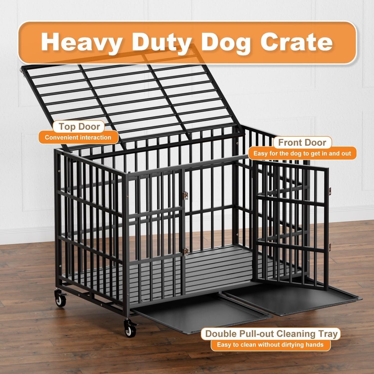 48 Inch Heavy Duty Dog Crate with Wheels,Indestructible Escape-Proof Dog Kennel with Locking Latch and Double Door,Extra Large XL XXL Crate Indoor for Large and Medium Dog with Removable Tray