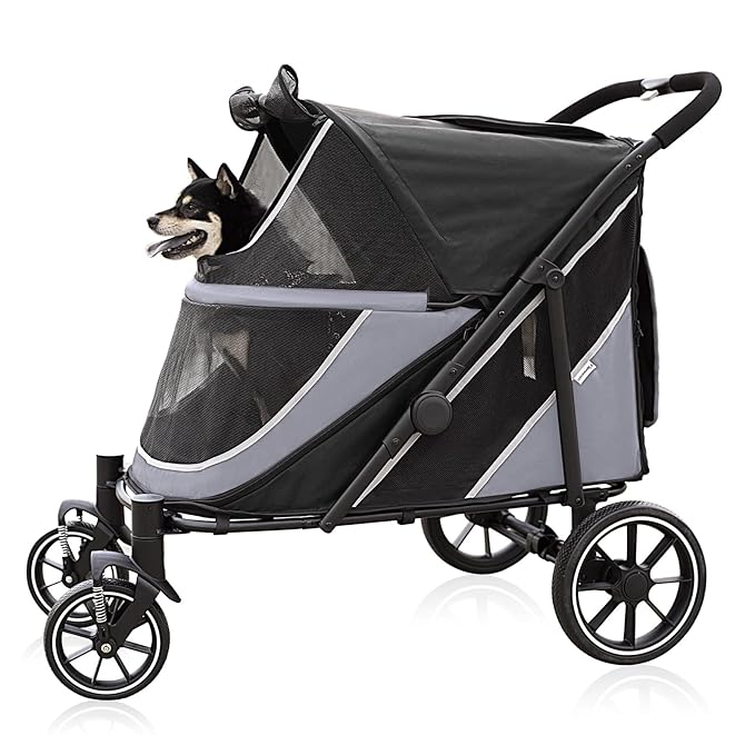 Dog Stroller for Medium/Large Dogs One-Click Folding, Extra Large Pet Stroller for 2 Dogs with Storage Pocket & Shock Absorption, Up to 130 lbs, Grey