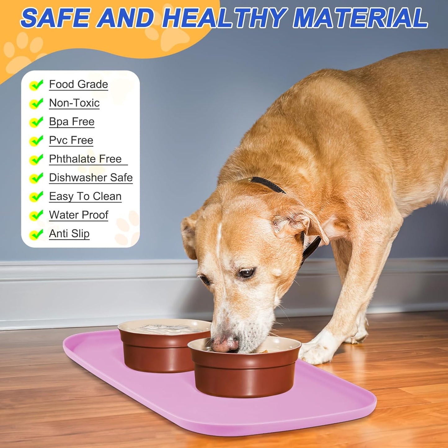 Silicone Pet Feeding Mat with Raised Edge for Food and Water, Dog Bowl Mats, Cat Bowls Placemat with High Lip for Floor Waterproof, Rubber Tray for Cats and Dogs 22 x 14 x0.8 Pink