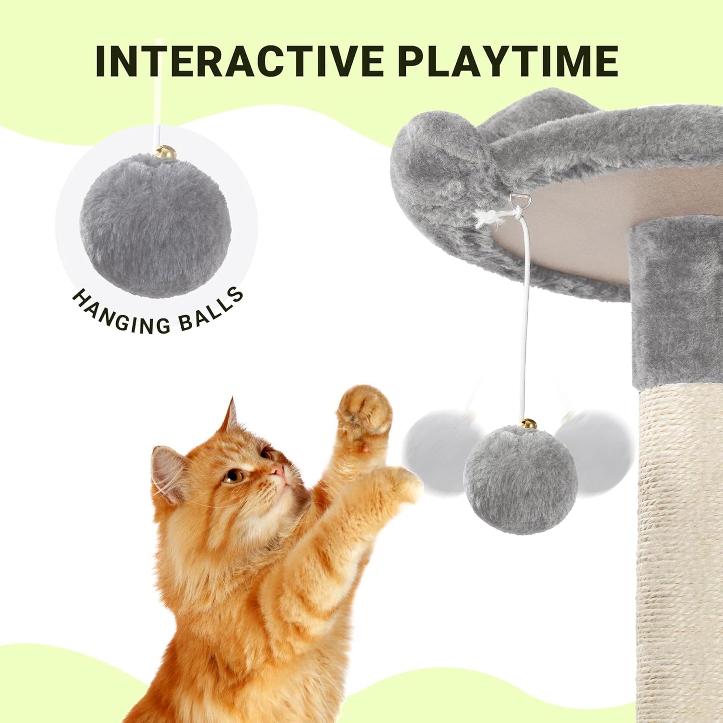 Allewie 64 Inches Cat Tree Tower/Multi-Level Activity Center for Indoor Big Felines/2 Plush Condos/2 Perchs/Basket/House/Sisal Scratching Posts/Hanging Cat Toys/Grey