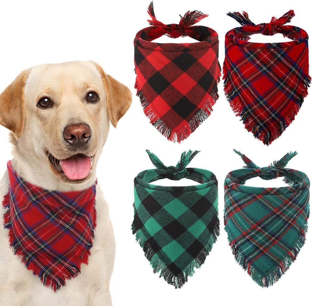 KOOLTAIL Christmas Plaid Dog Bandana 4 Pack - Classic Triangle Scarf Tassels Style Holiday for Dogs Cats Puppy