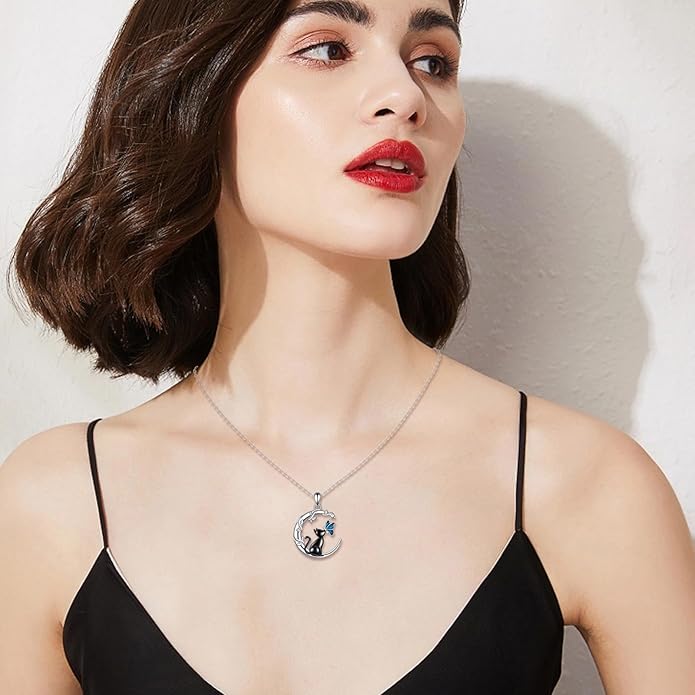 TIGER RIDER Moon Cat Necklace 925 Sterling Silver Blue Butterfly Black Jewelry Gifts Birthday Christmas Gifts for Women Wife Cat Lovers