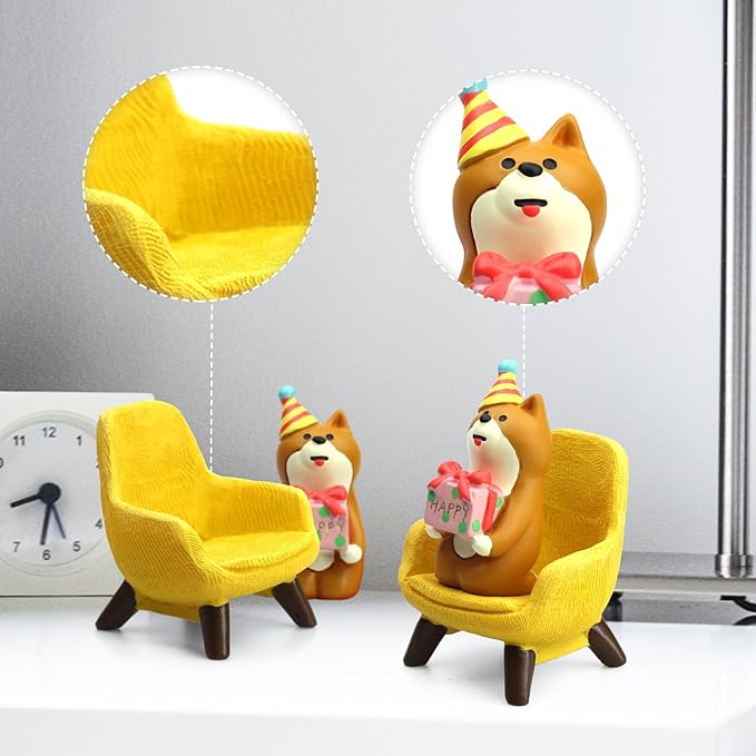 Cute Mini Puppy Holding Gift Figurine - Resin Dog for Office, Home Decoration for Dog Lovers - Yellow Sofa