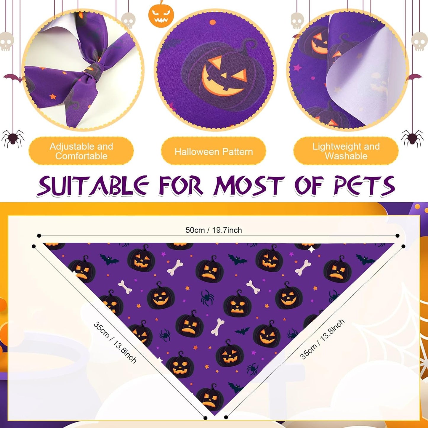 Abbylike 50 Pcs Halloween Dog Bandanas Bulk Pumpkin Bandanas for Dogs Triangle Kerchief Bibs Scarf Set for Pet Halloween Costume Photo Props Accessories Pet Shops, 25 Styles (19.7 x 13.8 x 13.8")