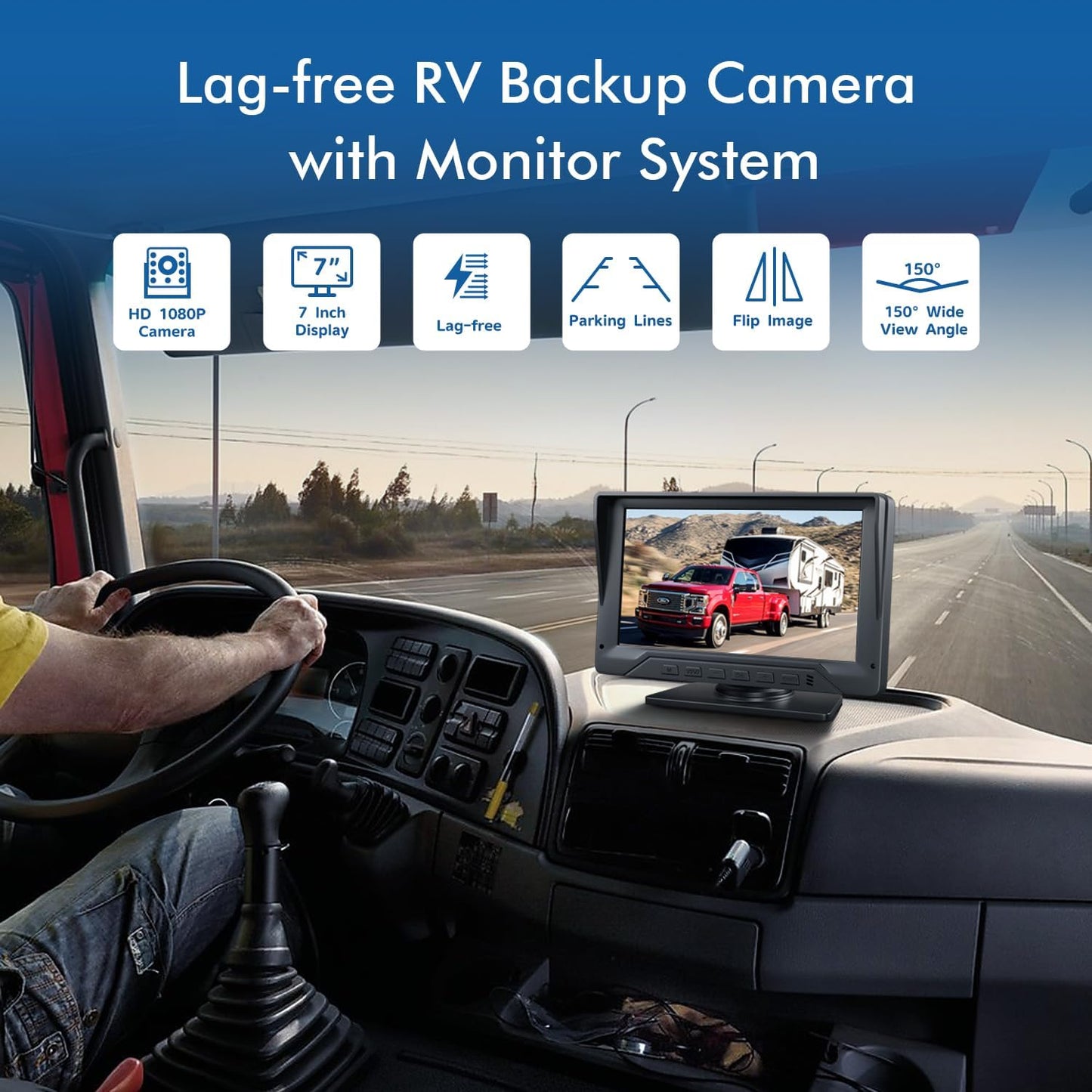 Dual RV Backup Camera Plug and Play, 7'' Backup Camera for Truck Trailer, No Delay, 1080P HD, 2 Channels, 150° Wide Angle, DIY Guide Lines, Night Vision, IP69 Rear View Camera