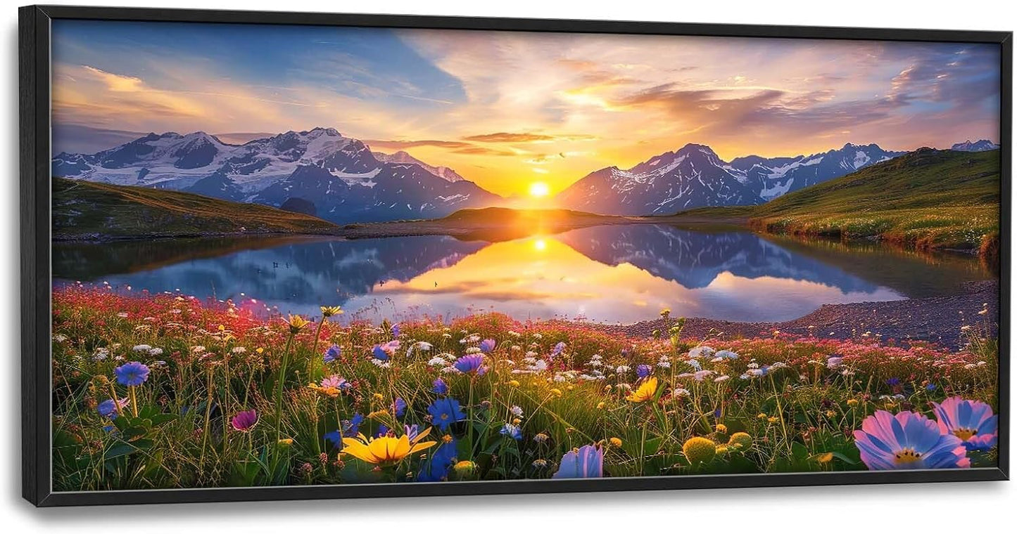 Mountain Large Wall Art Sunrise Lake Flower Field Pictures Nature Landscape Wall Decor Canvas Print Painting Artwork for Bathroom Living Room Bedroom 60L" x 30W"