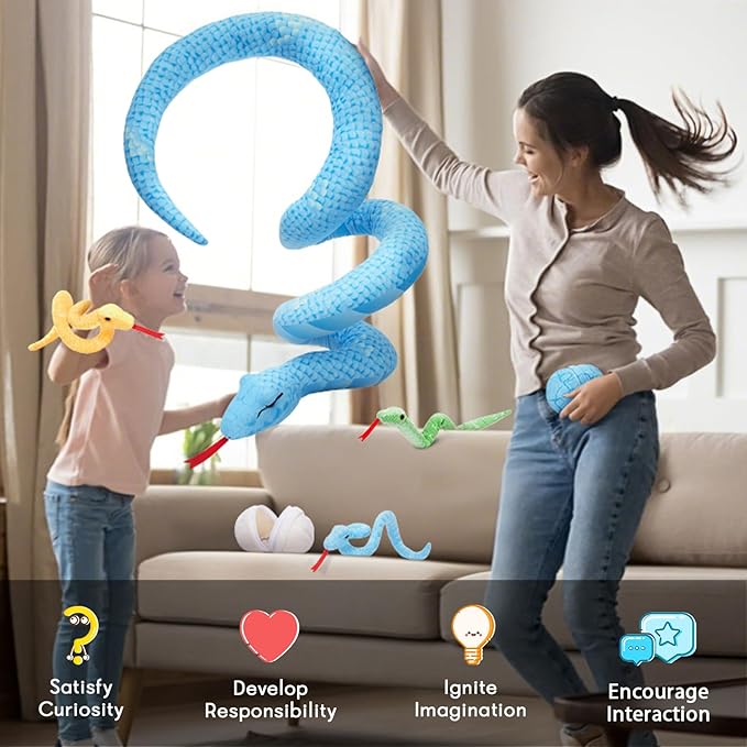 MorisMos 6 PCS Giant Snake Stuffed Animals Mommy with 3 Babies & 2 Eggs,55" Mama Stuffed Snake Toy for Kid Girl Boy,Realistic Blue Anaconda Toy,Colorful Baby Python Toys for Jungle-Themed Party Decor