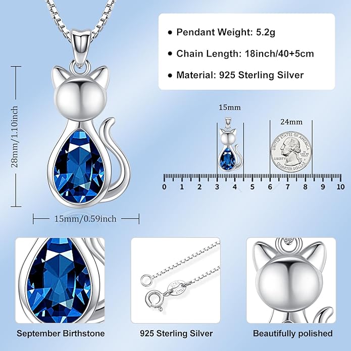 Odinstone Cat Birthstone Necklaces Jewelry Sterling Silver Cat Pendant Necklace Gift for Women Gifts, 18'' Silver Box Chain Women's Birthstone Crystal Cat Jewelry Gifts