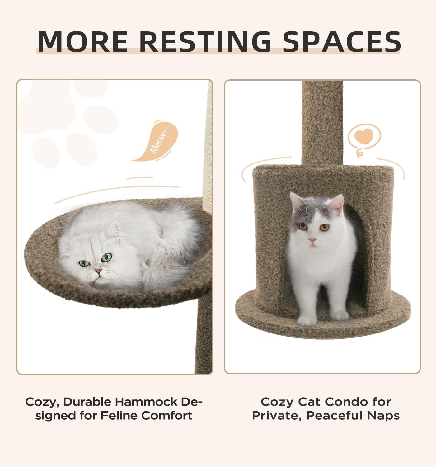 Made4Pets Floor to Ceiling Cat Tree 93-106'',Tall Cat Tower 5 Tiers, Adjustable Height, Stable Cat Tree Tower with Scratching Posts, Fluffy Condo, Hammock and Ball Toy for Indoor Cats/Kitten, Brown